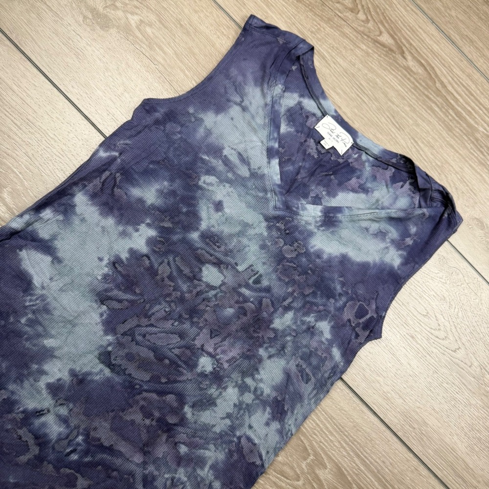 Feel The Piece Women Tank Top V-Neck Ribbed Tie Dye Purple Blue M/L